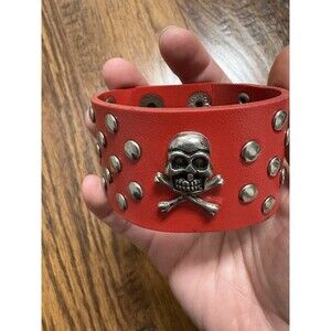 Red Skull Crossbones Punk Faux Leather Snap Cuff Bracelet Punk Halloween